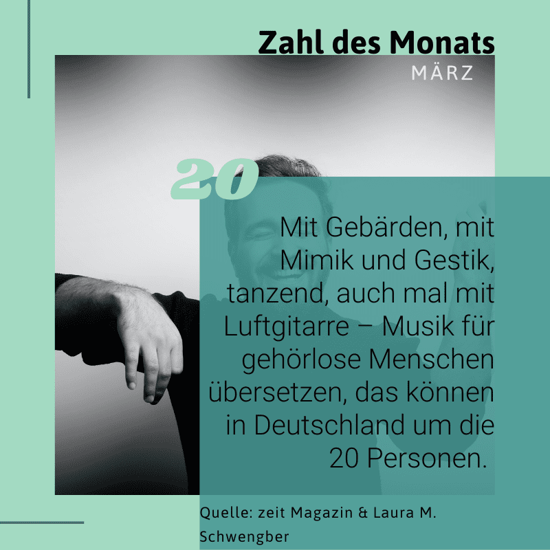  /></p>
<pre>Musik für gehörlose Menschen übersetzen, das können in Deutschland in etwa 20 Personen. So schätzt es die Gebärdenspachdolmetscherin Laura M. Schwenger, die u.a. Konzerte live übersetzt  – mit Worten und Sätzen in Gebärdensprache, mit Mimik und Gestik, tanzend und auch mal mit Luftgitarre, um Melodie, Text und Ausdruck eines Songs widerzuspiegeln.


#inklusion #barrierefreieevents #gebärdensprache #gebärdenspachdolmetschen #greenevents #greeneventshamburg #sozialenachhaltigkeit #barrierefreiheit #musik #konzerte #mitdenhändentanzen

Quelle: https://www.zeit.de/die-antwort/2019-07/open-air-konzerte-festivals-behinderungen-inklusion/seite-3, https://www.lauramschwengber.de/

Fotocredit: Ali Beilankouhi

</pre>
<p> </p>
</div></div></div></div></div><div class=